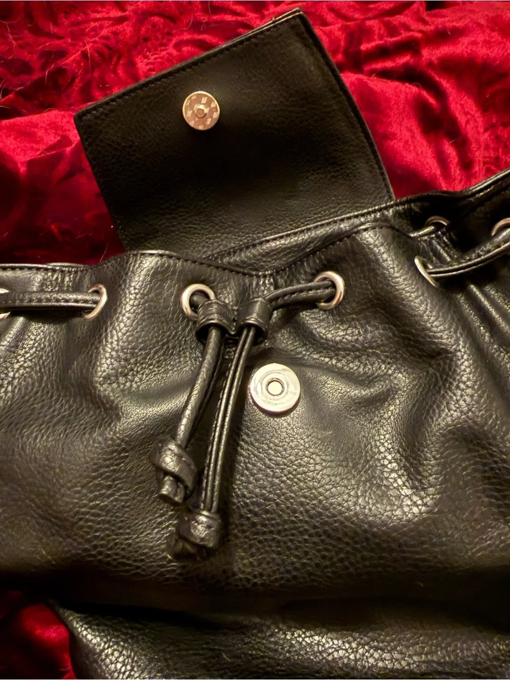 Danielle Nicole Studded Black Drawstring Backpack with Snow White Glitter Patch